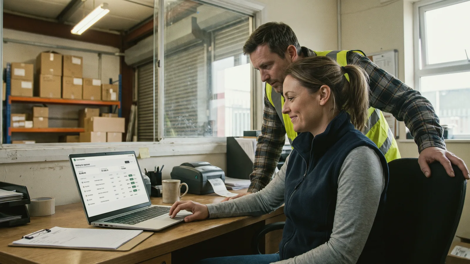 An operations lead in a small warehouse office smiles at the expense approval tool on her laptop while a coworker in a hi-vis vest leans over her chair to look.
